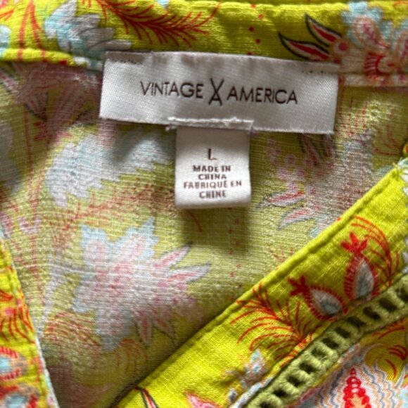 Vintage America Women's V-Neck Tunic Sz Large Chartreuse w/ Pink Floral - Picture 7 of 8
